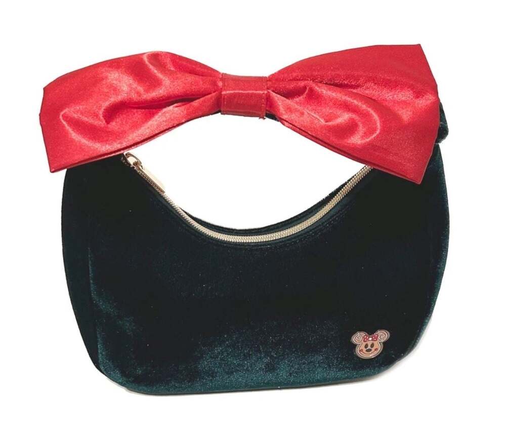 Disney Parks Gingerbread Minnie Mouse Holiday Velvet Bow Green Shoulder Bag - Picture 1 of 6